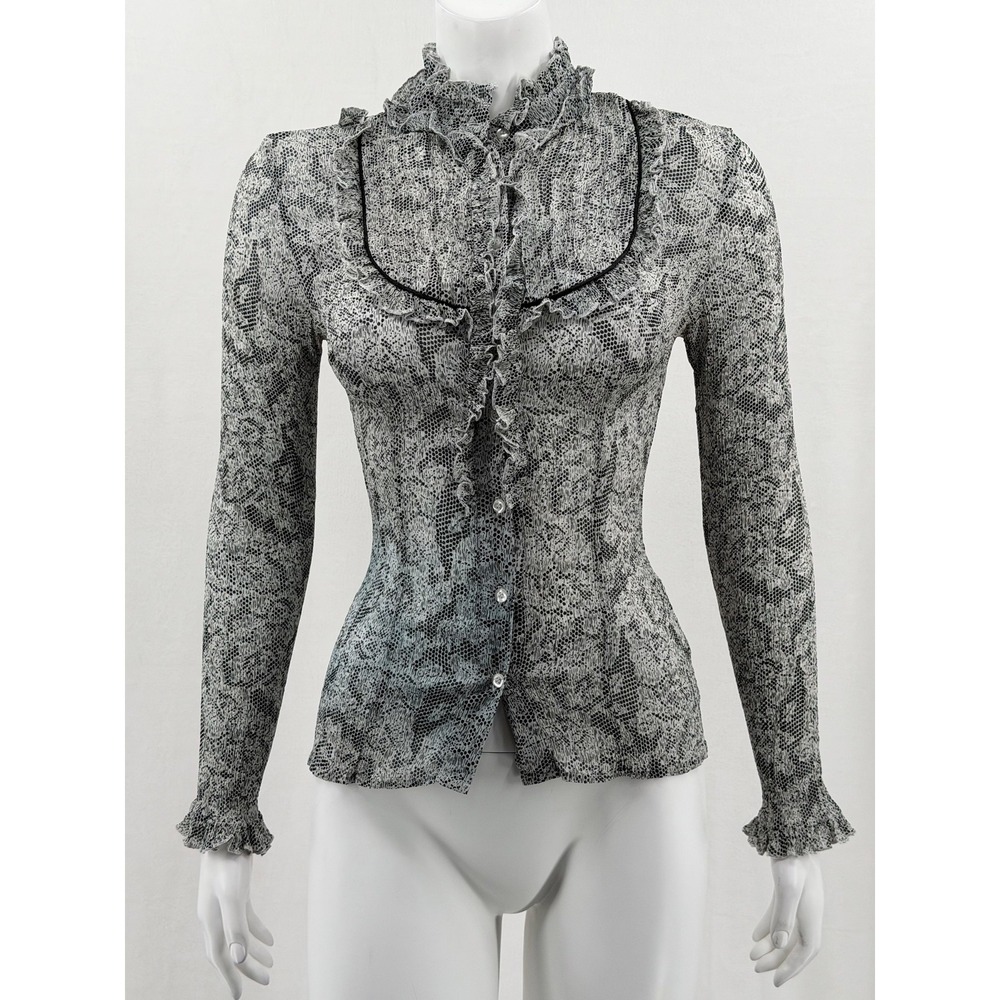 INC International Concepts Top Womens 8 Black‎ Gray Silk Ruffle Sheer Button Up